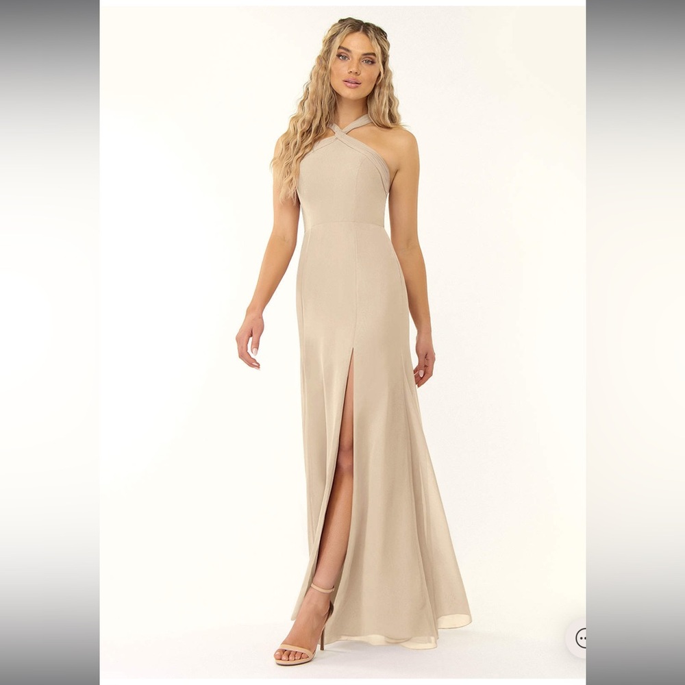 Azazie Rue Champagne Halter Chiffon Dress, Size 4